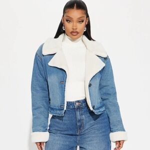 Fashion Nova Mila Denim Shearling Jean Jacket XL Medium Wash Cropped NWT Winter‎